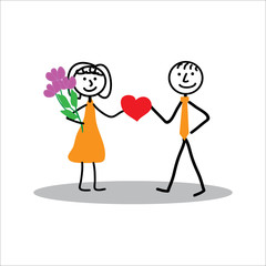 Valentine's day, a pair of happy stickmen with flowers and a heart in their hands