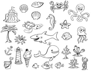 Seaside and Ocean Sea Creatures Fun Vector Set - 308608971