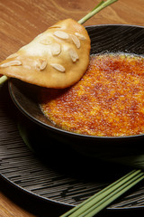 Lemongrass broulee, Lemongrass infused Cream Custard served with crispy caramel and almond tuile