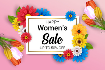 happy women's day sale banner background with colorful flower concept design vector illustration