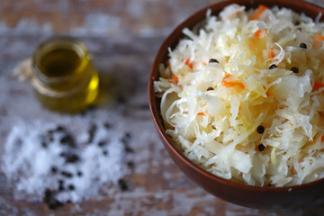 Sauerkraut in a bowl. Probiotics and fermented foods. Selective focus.