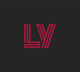 Initial two letter red line shape logo on black vector LY