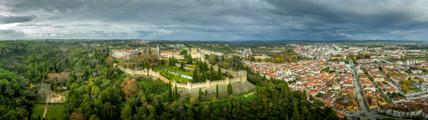 Fototapeta na wymiar Aerial view of Tomar castle and convent on a winter afternoon in Portugal