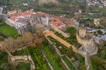 Aerial view of Tomar castle and convent on a winter afternoon in Portugal