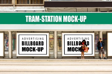 Mock up square blank billboard advertising at tram station