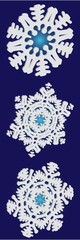 Collection of paper cut isolated snowflakes on blue background.
