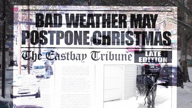A fictional retro newspaper blizzard snowstorm coldwave winter background concept. Headline reads Bad Weather May Postpone Christmas.	