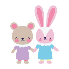 baby shower female bear and rabbit with dress holding hands