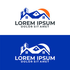 Real estate and mortgage logo template with roof top house and high building in flat design illustration