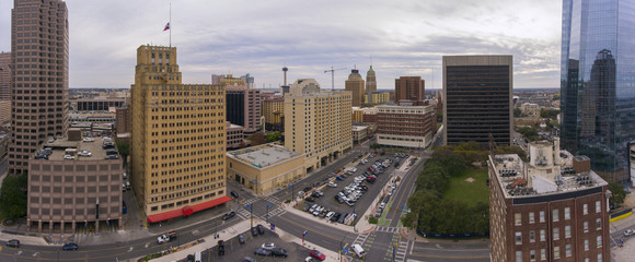 Aerial view of Tower of the Americas and downtown buildings panorama in San Antonio, Texas, TX, USA.