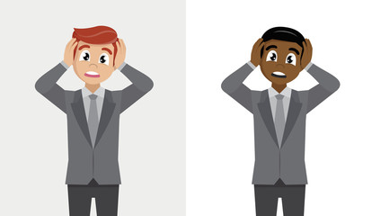 Facial expressions, emotions and body language. Shocked young businessman holding head with hands.