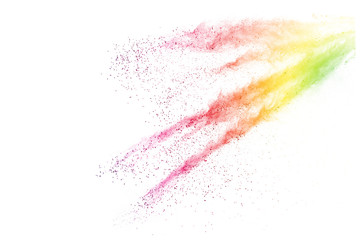Freeze motion of colorful color powder exploding on white background.  Paint Holi.