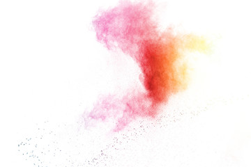 Fototapeta premium Freeze motion of colorful color powder exploding on white background. Paint Holi.