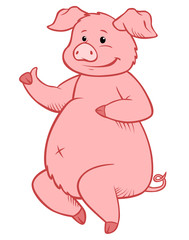 Naklejka na ściany i meble Cute funny pig sits and smiles. Thumb up!