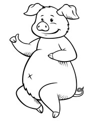 Cute pig sits and smiles. Thumb up! Coloring page.