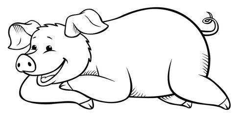 Cute funny smiling pig lays and smiles. Coloring page.