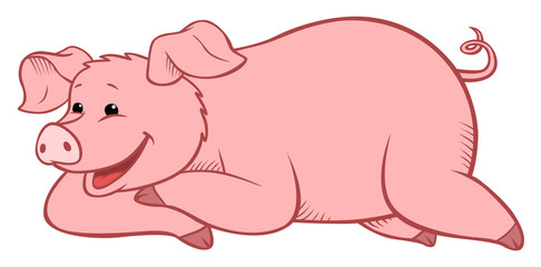 Cute funny pig lays and smiles.