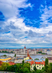 Fototapeta premium A view of Budapest, Hungary along the Danube River from Fisherman's Bastion.