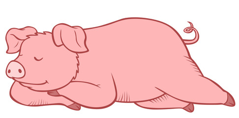 Cute funny pig lays and smiles with closed eyes.