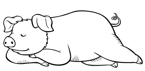 Cute funny smiling pig lays and sleeps. Coloring page.