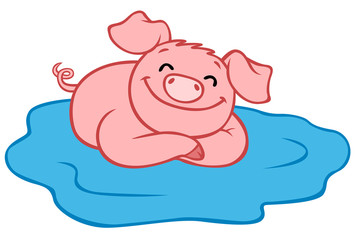 Cartoon farm animals. Little cute pink piglet sits and smiles.