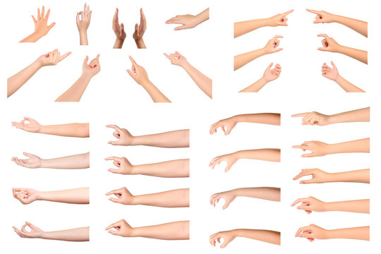 Set of  Woman hands gestures isolated  on white background.