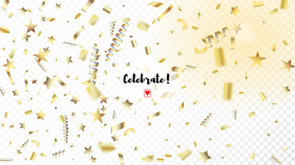 Modern Gold Confetti, Falling Stars, Streamers, Tinsel. Cool Elegant Christmas, New Year, Birthday Party Holiday Scatter. Horizontal Mystical Particles Background. Gold Confetti, Falling Down Stars.