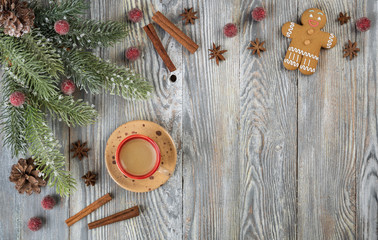 Flat lay with Handmade Gingerbread classic cookie hero and clay pottery ceramic cup of coffee.
