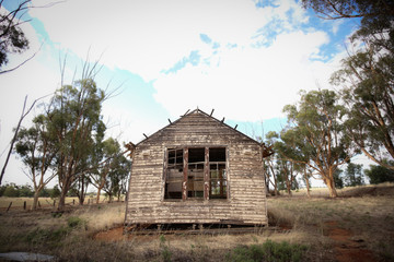Historic rundown school, dilapidated old building in rural Central Victoria, Australia