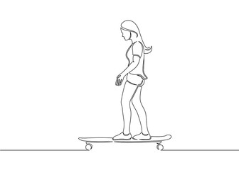 Obraz na płótnie Canvas One continuous single drawn line, a girl skater