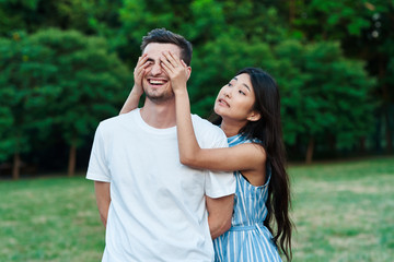 happy young couple in the park