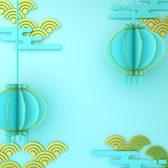 Happy Chinese new year background, blue pastel and gold lantern lampion paper cut. Design creative concept of china festival celebration gong xi fa cai. 3D rendering illustration.