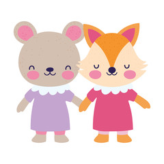 baby shower female bear and fox with dress holding hands