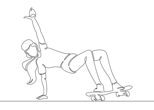 One continuous single drawn line, a girl skater