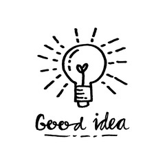 Doodle hand drawn light bulb icon with concept of idea. solution. isolated on white background. vector illustration