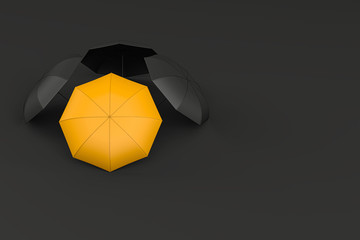 3d rendering of protection and security concepts. Yellow umbrella with black umbrellas on black background. Standing out from the crowd and individuality concept. 
