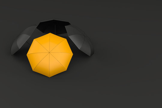 3d rendering of protection and security concepts. Yellow umbrella with black umbrellas on black background. Standing out from the crowd and individuality concept. 