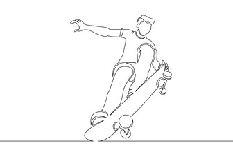 One continuous single drawn line of the skateboarder character in the jump. 