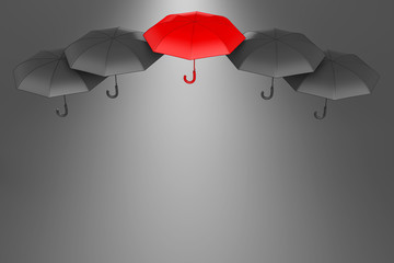 3d rendering of protection and security concepts. Red umbrella with black umbrellas on gray background. Standing out from the crowd and individuality concept. Horizontal composition with copy space.