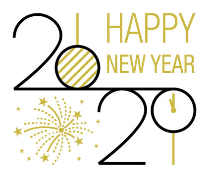 2020 Happy new year minimal modern line flat design black golden isolated vector