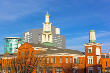 Camden Station building with clock tower in Baltimore, Maryland. Cityscape near the Oriole Park at Camden Yards.