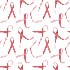 Watercolor seamless pattern with pink awareness ribbons. Breast cancer ribbons on white background