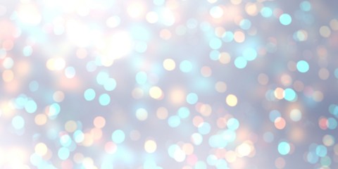 Bokeh blue and golden on silver empty background. Abstract texture brilliance. Blur illustration glitter. Defocus pattern winter holiday.