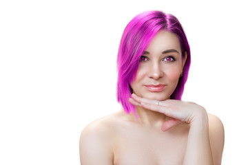 Portrait of a girl with purple hair and purple eyes on a white background