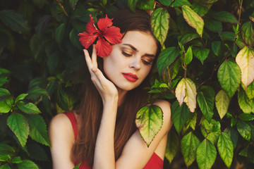 beautiful woman green leaves luxury of nature