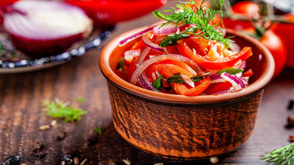 Oriental cuisine concept. Uzbek tomato salad with onions. background image. copy space