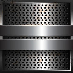 3D metallic grille silver metal rusty background, shiny chrome plate with holes Vector illustration