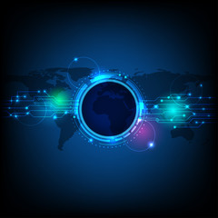 Abstract futuristic eyeball on circuit board, hi-tech computer technology with world map and blue color background, vector illustration.