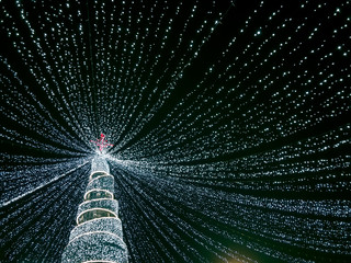 festive decorated christmas tree on dark night sky background
