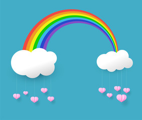 paper art style, rainbow and  pink heart in the sky,Vector illustration.